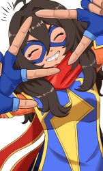  1girl absurdres ahoge black_hair blush closed_eyes commentary_request eye_mask fingerless_gloves gloves happy highres kamala_khan marvel marvel_tokon:_fighting_souls mask motion_lines rpx49160422 scarf simple_background smile superhero_costume teeth 