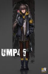  1girl 404_logo_(girls'_frontline) alternate_hair_color armband asymmetrical_sidelocks bag bandana black_boots black_gloves black_jacket black_pantyhose black_ribbon boots brown_eyes brown_hair character_name commentary copyright_name daniel_deng double-parted_bangs english_commentary english_text exoskeleton fingerless_gloves flat_chest full_body girls_frontline gloves grey_background grey_skirt gun h&amp;k_ump hair_between_eyes hand_in_pocket heart highres hood hood_down hooded_jacket jacket layered_skirt long_hair long_sidelocks long_sleeves mixed-language_text neck_ribbon one_side_up open_clothes open_jacket pantyhose pleated_skirt reflection ribbon scar scar_across_eye scar_on_face shirt shirt_partially_tucked_in shoulder_bag sidelocks skirt smile solo standing submachine_gun suppressor thigh_strap two-sided_fabric two-sided_jacket ump45_(girls'_frontline) weapon white_shirt yellow_bandana yellow_jacket yellow_skirt 