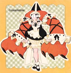  1girl apron argyle_background black_bow black_dress black_ribbon blunt_bangs bow braid canariadraw claws closed_mouth commentary dress fingernails frilled_apron frills full_body hair_bow hair_ribbon highres long_hair long_sleeves looking_at_viewer maid maid_apron maid_headdress mary_janes neck_ribbon original outline puffy_long_sleeves puffy_sleeves ribbon ribbon_trim shoes socks solo standing twin_braids twitter_username white_apron white_hair white_outline white_socks yellow_eyes 