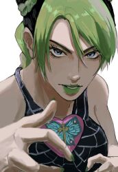  1girl animal_print black_shirt blue_eyes braid braided_base bug bun_with_braided_base butterfly butterfly_print commentary cone_hair_bun double_bun eyelashes eyeshadow green_eyeshadow green_hair green_lips green_nails hair_bun highres jojo_no_kimyou_na_bouken kujo_jolyne lipstick looking_at_viewer makeup multicolored_hair nail_polish shirt simple_background solo solo_focus stone_ocean two-tone_hair umeko_(00_nro9) untranslatable_commentary white_background 