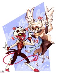  1boy 1girl angel artist_request blue_background breasts coat colored_sclera colored_skin commentary commission demon dress english_commentary fangs fingernails floating_hair flying gloves halo harpy hazbin_hotel hellaverse highres horns large_breasts monster_girl one_eye_closed original pointy_ears red_skin sharp_fingernails smile tail white_hair wings yellow_sclera 