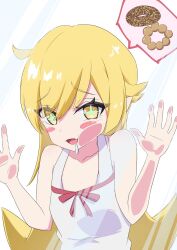  +_+ 1girl :d :t against_fourth_wall against_glass bare_shoulders blonde_hair blush_stickers cheek_press commentary_request cowlick doughnut dress drooling eyes_visible_through_hair fang food furrowed_brow hair_between_eyes hand_on_glass hands_up highres kuro00595 long_hair looking_at_viewer monogatari_(series) open_mouth oshino_shinobu outstretched_hand sidelocks skin_fang sleeveless sleeveless_dress smile solo speech_bubble spoken_object sundress upper_body very_long_hair white_dress yellow_eyes 