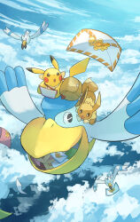 bag beak bird clouds commentary_request eevee flying highres holding holding_letter letter mailbag mouth_hold no_humans open_mouth outdoors pelican pelipper pikachu pokemon pokemon_(creature) pokemon_focus pokemon_mystery_dungeon riding riding_pokemon seagull sky wingull yamaori_(hakkentai_pokedan) 