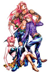  1girl 2boys arm_tattoo ass batooo_j belt black_bra blue_pants blue_shoes boots bra braid breasts brown_boots collar commentary_request diavolo fishnet_top fishnets freckles green_belt green_eyes highres jojo_no_kimyou_na_bouken knee_boots lips long_hair medium_breasts multicolored_collar multicolored_skirt multiple_boys navel pants pink_hair pink_lips purple_sweater shoes short_hair sitting skirt sweater tattoo teeth trish_una underwear vento_aureo vinegar_doppio 