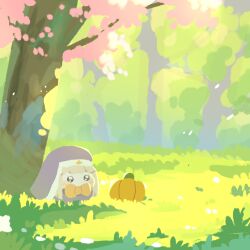  1girl blonde_hair blunt_sidelocks blush_stickers bow bowtie chibi chibi_only commentary_request day grass highres long_hair no_lineart nun nun_headdress outdoors pogpagwaeng pumpkin sidelocks solo speaki_(trickcal) tree trickcal yellow_bow yellow_bowtie 