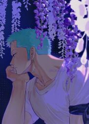  1boy bandana bandana_around_arm black_bandana closed_mouth collarbone commentary_request earrings elbow_rest flower from_side gold_earrings green_hair head_rest highres jewelry komucom03 multiple_earrings one_piece profile purple_flower roronoa_zoro shirt short_hair short_sleeves solo upper_body white_shirt 