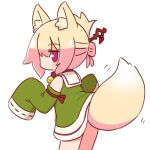  1girl animal_ear_fluff animal_ears bangs bare_shoulders bell blonde_hair blush brown_collar collar detached_sleeves dress folded_ponytail fox_ears fox_girl fox_tail green_dress green_sleeves hair_between_eyes hair_ornament highres jingle_bell kemomimi-chan_(naga_u) long_sleeves naga_u neck_bell original sailor_collar simple_background sleeveless sleeveless_dress sleeves_past_fingers sleeves_past_wrists solo standing tail violet_eyes white_background white_sailor_collar 