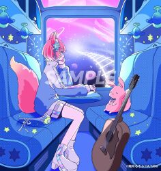  1girl animal_ears blue_jacket boots commentary couch full_body guitar high_collar highres hizuki_rurufu indoors instrument jacket multicolored_jacket nakazawa_ayami on_couch planet rabbit railroad_tracks sample_watermark shorts snack_nili solo star_(symbol) tail train_interior two-tone_jacket virtual_youtuber watermark white_boots white_shorts wolf_ears wolf_girl wolf_tail 