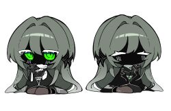  1girl absurdres black_haori black_kimono black_skin blush chibi colored_eyelashes colored_skin commentary_request flower green_eyes grey_cloak grey_hair grey_kimono grey_sash haori haori_on_shoulders highres irregular_border japanese_clothes kimono kuroyurihime_(munji412) lily_(flower) long_hair looking_at_viewer munji412 no_mouth no_nose original simple_background solo two-tone_kimono white_background white_eyelashes 