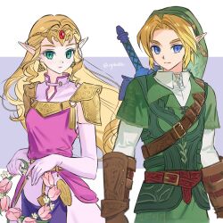  1boy 1girl aqua_eyes armor artist_name belt blonde_hair blue_eyes brown_belt brown_gloves circlet closed_mouth commentary_request cowboy_shot dress earrings elbow_gloves flower_wreath gem gloves green_hat hat highres holding holding_wreath jewelry link long_hair looking_at_viewer master_sword opleillle pink_dress pink_gloves pointy_ears princess_zelda red_belt red_gem short_hair shoulder_armor shoulder_belt sword sword_on_back the_legend_of_zelda the_legend_of_zelda:_ocarina_of_time the_legend_of_zelda:_ocarina_of_time_(remake) triforce twitter_username weapon weapon_on_back 