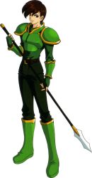  1boy armor belt boots brown_belt brown_eyes brown_hair fingerless_gloves fire_emblem fire_emblem:_mystery_of_the_emblem full_body gloves green_armor green_boots green_gloves green_pants green_shirt koya_katsuyoshi long_sleeves official_art pants roderick_(fire_emblem) shirt short_hair shoulder_armor solo transparent_background 