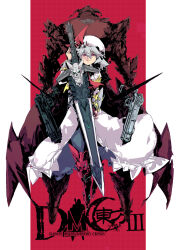  1boy 1girl arm_guards armored_boots ascot back-to-back bat_wings beru blue_hair boots clothes_lift coat commentary_request copyright_logo copyright_name cover cover_page crossover dante_(devil_may_cry) devil_may_cry_(series) devil_trigger double-parted_bangs doujin_cover dress dress_lift dual_wielding ebony_&amp;_ivory emblem greatsword grey_hair grid_background gun handgun hat hat_ribbon highres holding holding_gun holding_sword holding_weapon logo long_coat long_dress looking_at_viewer medium_hair mob_cap outside_border parted_lips pillarboxed rebellion_(sword) red_ascot red_background red_coat red_eyes remilia_scarlet ribbon simple_background solo sword touhou weapon white_dress white_hair wings 
