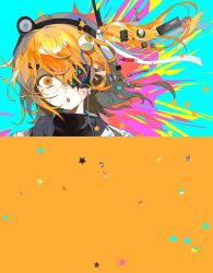  1girl :o a.i._voice adachi_rei black_hairband black_shirt blue_background bulging_eyes capacitor commentary_request cracked_skin double-parted_bangs eye_pop feiwusheng hair_between_eyes hair_ribbon hairband headlamp highres long_hair looking_at_viewer microchip open_mouth orange_eyes orange_hair portrait ribbon shirt simple_background solo star_(symbol) turtleneck turtleneck_shirt utau white_ribbon 