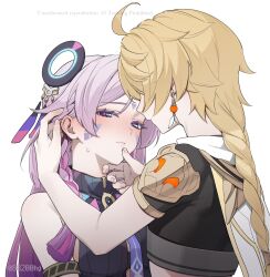  1boy 1girl aether_(genshin_impact) ahoge bare_shoulders blonde_hair blue_eyes blush braid breasts brown_shirt citlali_(genshin_impact) clothing_cutout commentary_request ear_blush earrings facial_mark feathers floating_headgear forehead_mark genshin_impact glove_cutout grabbing_another's_chin hair_intakes halter_leotard halterneck hand_on_another's_chin headgear hetero highres jewelry leotard long_hair low-braided_long_hair low-tied_long_hair midriff miya_hayashi_(ummd7854) multicolored_hair pink_feathers pink_hair pink_pupils purple_feathers ribbed_leotard ring_hair_ornament scarf shirt single_braid single_earring triangle triangle_facial_mark turtleneck turtleneck_leotard twin_braids very_long_hair white_scarf 