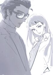  absurdres blunt_bangs commentary_request earrings eyelashes glasses hair_slicked_back highres ichinose_kuon jewelry lab_coat light_smile long_hair maruki_takuto panties persona persona_5 persona_5_scramble:_the_phantom_strikers persona_5_the_royal qq3228511914 short_bangs short_hair single_earring smile straight_hair striped_clothes striped_panties thick_eyebrows thick_eyelashes underwear wavy_mouth 