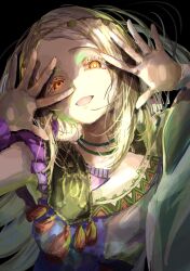  1girl absurdres black_background blonde_hair bracelet chidawadachi colored_eyelashes commentary covering_own_face dress gakuen_idolmaster green_dress highres idolmaster jewelry long_hair looking_at_viewer me_(idolmaster) necklace open_mouth orange_eyes parted_bangs scrunchie shinosawa_hiro simple_background solo wrist_scrunchie 