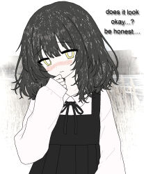  1girl :| black_dress black_hair black_ribbon blush bright_pupils closed_mouth collarbone collared_shirt commentary dot_nose dress english_commentary english_text eternalsoulrape fiar_(eternalsoulrape) hand_on_own_chin head_tilt highres long_sleeves looking_at_viewer loose_hair_strand medium_hair messy_hair neck_ribbon original outdoors photo_background pinafore_dress raised_inner_eyebrows ribbon shirt shirt_under_dress sleeveless sleeveless_dress solo upper_body white_pupils white_shirt yellow_eyes 