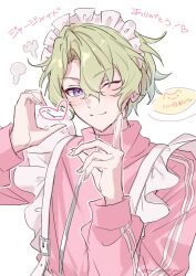  1boy absurdres apron blush closed_mouth commentary ensemble_stars! green_hair hair_between_eyes half-heart_hands heart highres index_finger_raised jacket jersey_maid long_sleeves looking_at_viewer maid maid_apron maid_headdress male_focus one_eye_closed parted_bangs piiro_(m_mopipu) pink_jacket simple_background smile tomoe_hiyori unconventional_maid upper_body violet_eyes white_background 