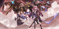  6+girls absurdres aiming armored_boots assault_rifle asteria_(girls'_frontline_2) bare_back boots bug butterfly chinese_commentary coat commentary_request dandelion_(girls'_frontline) debris ferris_wheel fighting_stance girls'_frontline_2:_exilium girls_frontline gun high_contrast highres holding holding_gun holding_weapon inverted_colors m16a1_(boss)_(girls'_frontline) m16a1_(girls'_frontline) m4_sopmod_ii_(girls'_frontline) m4a1_(girls'_frontline) multicolored_hair multiple_girls muted_colors neet_kuu post-apocalypse ribbon rifle ro635_(girls'_frontline) robella_(girls'_frontline_2) ruins soppo_(girls'_frontline_2) st_ar-15_(girls'_frontline) streaked_hair translation_request weapon 