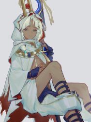  1boy ahoge ancient_egyptian ancient_egyptian_clothes arm_support baggy_pants black_bridal_gauntlets black_sandals bridal_gauntlets bright_pupils cloak commentary dark-skinned_male dark_skin fate/grand_order fate_(series) grey_background grey_eyes headpiece highres holding holding_staff hood hood_up hooded_cloak male_focus myao no_shirt pants parted_bangs sandals simple_background solo staff stomach_tattoo tattoo trap tutankhamun_(fate) tutankhamun_(first_ascension)_(fate) two-sided_cloak two-sided_fabric white_cloak white_hair white_pants white_pupils 