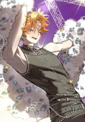  1boy absurdres akehoshi_subaru animal_print arms_up bead_necklace beads belt black_belt black_shirt blue_eyes chundogs_77 commentary cowboy_shot ensemble_stars! fur_jacket highres jacket jewelry leopard_print looking_at_viewer male_focus multiple_belts necklace official_alternate_costume one_eye_closed open_clothes open_jacket open_mouth orange_hair parted_bangs ring ring_necklace shirt short_hair sleeveless sleeveless_shirt solo tongue tongue_out white_jacket 