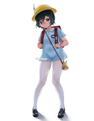  1girl absurdres backpack bag beleven black_hair black_shoes blue_shirt closed_mouth crime_prevention_buzzer full_body green_eyes hat highres kaban_(kemono_friends) kemono_friends kindergarten_uniform looking_at_viewer lucky_beast_(kemono_friends) pantyhose randoseru school_hat shirt shoes simple_background solo twitter_username white_background white_pantyhose 