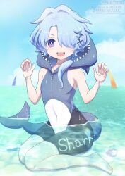 1boy bare_shoulders barefoot bishounen blue_hair boat commentary_request fingernails fins fish_tail full_body highres honkai:_star_rail honkai_(series) looking_at_viewer male_focus misha_(honkai:_star_rail) navel ocean open_mouth paw_pose sailboat shark_tail sharp_teeth shiny_skin short_hair sitting swimsuit tail teeth toes trap usata violet_eyes watercraft wet 