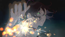  1girl bare_arms black_choker black_ribbon chainsaw_man choker close-up commentary_request fireworks green_eyes grenade_pin grin highres holding holding_fireworks looking_at_viewer neck_ribbon night outdoors portrait pull_cord purple_hair ranmaru_aiueo reze_(chainsaw_man) ribbon shirt sleeveless sleeveless_shirt smile solo sparkle 