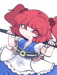  1girl blush_stickers fried_rice0614 frills hair_bobbles hair_ornament highres holding looking_at_viewer onozuka_komachi puffy_short_sleeves puffy_sleeves red_eyes redhead short_sleeves simple_background smile solo touhou two_side_up v-shaped_eyebrows white_background 
