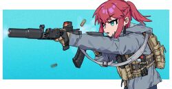  1girl absurdres as_val assault_rifle casing_ejection commentary eotech gloves gun gun_sling highres holding holding_gun holding_weapon hood hoodie jacket laser_sight load-bearing_vest long_sleeves magazine_(weapon) original pilot_webber ponytail red_hair rifle shell_casing suppressor weapon 