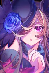  1girl :o animal_ears artist_name blue_flower blue_rose brown_hair commentary dress flipped_hair flower gumvafqf8cwwtha hair_over_one_eye hat hat_flower highres holding_own_hand horse_ears horse_girl interlocked_fingers long_hair long_sleeves looking_at_viewer off-shoulder_dress off_shoulder one_eye_covered open_mouth rice_shower_(umamusume) rose solo tilted_headwear twitter_username umamusume violet_eyes watermark 