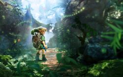  1boy 1girl bare_legs bellflower belt blonde_hair blue_eyes blurry blurry_foreground boots branch dappled_sunlight deku_shield depth_of_field embroidery fairy falling_leaves fireflies flower flying forest grass green_hat green_tunic hat heel_up highres holding holding_instrument holding_ocarina insect_wings instrument kokiri kokiri_sword landscape leaf light_rays link log looking_at_viewer looking_back master_sword nature navi ocarina official_art outdoors path phrygian_cap plant pointy_ears rock shield shield_on_back short_hair sidelocks sky standing sunlight sword sword_on_back the_legend_of_zelda the_legend_of_zelda:_ocarina_of_time the_legend_of_zelda:_ocarina_of_time_(remake) tree triforce tunic weapon weapon_on_back wings wood_carving young_link 