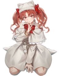  1girl :o animal_hat between_legs blush bow bowtie brown_eyes brown_hair buttons capelet cat_hat coat commentary finger_to_cheek full_body hair_bow hair_ornament hand_between_own_legs hat highres long_hair long_sleeves looking_at_viewer no_shoes open_mouth red_bow red_bowtie shirai_kuroko simple_background sitting socks solo toaru_kagaku_no_mental_out toaru_kagaku_no_railgun toaru_majutsu_no_index twintails untranslatable_commentary wariza white_background white_capelet white_coat white_hat white_socks winter_clothes z.boat 