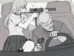  1boy 1girl age_difference car_interior commentary driving ducking english_commentary facial_hair father_and_child father_and_daughter finger_on_trigger firing greyscale gun handgun highres holding holding_gun holding_weapon long_hair looking_to_the_side mac-10/11 monochrome mustache omiglop on_one_knee original parent_and_child school_uniform steering_wheel submachine_gun suppressor thigh_strap weapon 