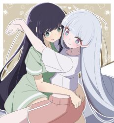  2girls black_hair blue_eyes border caught cho_kaguya-hime! closed_mouth commentary_request green_eyes green_shirt grey_hair highres hug long_hair multicolored_eyes multiple_girls nervous_sweating outline outside_border pink_shorts runami_yachiyo sakayori_iroha sasanoha_(sasanoha0712) shirt short_sleeves shorts sweat two-tone_eyes very_long_hair violet_eyes white_border white_outline white_shirt yuri 