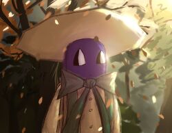  1boy autumn_leaves bare_tree bloxmane bow bowtie colored_skin hat highres leaf original outdoors park player_character_(roblox) purple_skin roblox straw_hat sunlight tree 