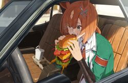  1girl absurdres animal_ears braid brown_hair burger car car_interior coat commentary commission cup disposable_cup ear_ornament eating english_commentary food glasses green_coat green_jacket grey-framed_eyewear highres holding holding_burger holding_food horse_ears horse_girl ikuno_dictus_(mantle_of_steel)_(umamusume) ikuno_dictus_(umamusume) jacket ketchup lettuce long_hair long_sleeves motor_vehicle multicolored_hair necktie ningen_gokko open_mouth red_necktie round_eyewear second-party_source shirt solo tomato umamusume vest white_shirt white_vest 