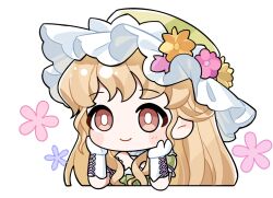  1girl argyle_clothes argyle_sleeves artist_request bare_shoulders blonde_hair blush_stickers bright_pupils brown_eyes chibi choker closed_mouth collarbone cropped_torso cross-laced_armwear dress flower flower_symbol frilled_choker frilled_dress frilled_headwear frilled_sleeves frills gloves green_dress green_hat hands_on_own_cheeks hands_on_own_face hat hat_flower infinity_nikki leaning_forward long_hair long_sidelocks looking_ahead nikki_(series) off-shoulder_dress off_shoulder official_art orange_flower pink_flower puffy_short_sleeves puffy_sleeves purple_flower short_sleeves sidelocks smile solo sticker_(medium) tareme transparent_background unseen_colors_(infinity_nikki) very_long_hair white_choker white_gloves white_pupils yellow_flower 