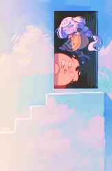  blush_stickers braid braided_ponytail closed_eyes colored_skin highres kirby kirby_(series) kirby_and_the_world_beyond looking_at_viewer multicolored_hair parody purple_hair purple_skin signature the_truman_show tikinm13ww two-tone_hair waving white_hair 