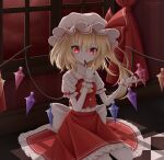  1girl absurdres artist._.luna ascot back_bow blonde_hair blood blood_on_hands bow checkered_floor closed_mouth collared_shirt finger_to_mouth fingernails flandre_scarlet frilled_shirt_collar frilled_skirt frilled_sleeves frills glowing glowing_eyes hair_between_eyes hat hat_ribbon highres indoors long_hair looking_at_viewer mob_cap multicolored_wings puffy_short_sleeves puffy_sleeves red_curtains red_eyes red_ribbon red_skirt red_theme red_vest ribbon sharp_fingernails shirt short_sleeves side_ponytail skirt skirt_set smile solo touhou vampire vest white_bow white_headwear white_shirt window wings yellow_ascot 