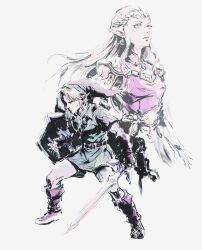  1boy 1girl absurdres alzandahh boots commentary english_commentary green_tunic highres holding holding_shield holding_sword holding_weapon link long_hair phrygian_cap pointy_ears princess_zelda shield shinkawa_youji_(style) simple_background standing sword the_legend_of_zelda the_legend_of_zelda:_ocarina_of_time tunic weapon 