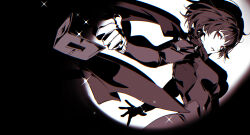  1girl black_background black_hair breasts clenched_hand commentary cowboy_shot doran_(doran7280) gloves highres looking_at_viewer mask medium_breasts megami_tensei niijima_makoto persona persona_5 queen_(persona_5) red_eyes short_hair shoulder_spikes solo spikes spotlight two-tone_background unworn_mask white_background white_gloves 