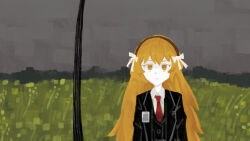  1girl black_coat black_vest bow closed_mouth coat collared_shirt colored_skin commentary_request debbie_kimm hair_bow highres ishmael_(project_moon) lapels limbus_company lobotomy_corporation long_hair looking_at_viewer necktie notched_lapels orange_eyes orange_hair project_moon red_necktie serious shirt sidelocks solo very_long_hair vest white_bow white_shirt white_skin 