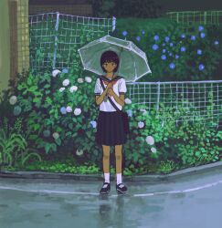  1girl black_hair black_sailor_collar black_shoes black_skirt blush brown_eyes chinese_commentary closed_mouth collared_shirt commentary_request fence flower full_body highres holding holding_umbrella hydrangea looking_at_viewer mary_janes neckerchief original outdoors overcast plant pleated_skirt purple_flower realyangtuo red_neckerchief sailor_collar school_uniform serafuku shirt shoes short_hair skirt sky slice_of_life socks solo umbrella white_shirt white_socks 