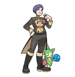  1boy black_boots black_pants black_shirt blue_flower blue_rose boots closed_eyes closed_mouth commentary diagonal_bangs english_commentary fire_emblem fire_emblem:_three_houses flower flower_on_chest full_body hand_on_own_hip holding holding_poke_ball long_sleeves lorenz_hellman_gloucester lozyrosie male_focus pants pink_flower pink_rose poke_ball poke_ball_(basic) pokemon pokemon_(creature) purple_hair rose roselia_(pokemon) shirt short_hair simple_background smile smug sugimori_ken_(style) violet_eyes white_background 