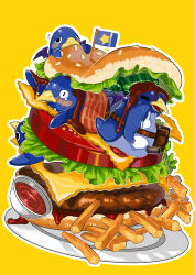  4others absurdres bacon bag bat_wings beak bird blush bread_bun brown_bag burger cheese commentary_request dashed_eyes demon_wings disgaea dripping flag food french_fries half-closed_eyes highres in_food ketchup kikimi lettuce meat multiple_others on_food open_mouth outline oversized_food oversized_object peg_leg penguin plate prinny reaching sesame_seeds simple_background sitting slit_pupils star_(symbol) star_print steam stitches tail tears tomato tomato_slice waist_bag white_outline wings yellow_background 