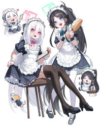  2girls :d ^_^ absurdres alternate_costume anger_vein apron aqua_halo aris_(blue_archive) aris_(maid)_(blue_archive) back_bow black_dress black_shoes black_thighhighs blue_archive blue_bow blue_bowtie blue_eyes blush bow bowtie chibi chibi_inset closed_eyes collared_dress commentary couch double-parted_bangs dress embarrassed enmaided frilled_apron frilled_dress frills full_body hair_between_eyes hair_brush half_updo halo hands_up happy high_heels highres holding holding_hair_brush holding_notepad holding_own_dress kei_(blue_archive) kei_(orange_robot)_(blue_archive) kei_(student)_(blue_archive) kokukyukeo long_hair long_hair_between_eyes looking_at_viewer maid maid_apron maid_headdress mary_janes multiple_girls notepad official_alternate_costume official_alternate_hairstyle on_couch open_mouth pantyhose parted_bangs peanut_mouth pink_bow pink_bowtie pink_halo ponytail puffy_short_sleeves puffy_sleeves rectangular_halo red_eyes shoes short_dress short_sleeves sidelocks simple_background sitting smile standing straight_hair sweatdrop teeth thigh-highs upper_teeth_only very_long_hair white_apron white_background white_bow white_hair white_pantyhose zettai_ryouiki 