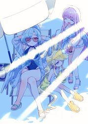  3girls animal_ears arms_behind_head bare_shoulders beach_umbrella bikini black_one-piece_swimsuit blonde_hair blue_archive brown-tinted_eyewear closed_eyes commentary_request convenient_censoring cross_halo crossed_legs cup drinking drinking_glass drinking_straw extra_ears feathered_wings fox_ears frilled_bikini frills halo high_heel_sandals high_heels highres iced_tea light_censor long_hair low_wings lying mika_(blue_archive) mika_(swimsuit)_(blue_archive) mizu_asato multiple_girls nagisa_(blue_archive) nagisa_(swimsuit)_(blue_archive) nail_polish official_alternate_costume official_alternate_hairstyle on_back one-piece_swimsuit one_eye_closed open_mouth pink_hair ponytail sandals seia_(blue_archive) seia_(swimsuit)_(blue_archive) sitting sunglasses swimsuit tinted_eyewear toenail_polish toenails umbrella visor_cap white_bikini white_one-piece_swimsuit white_wings wings yellow_sandals yellow_visor_cap 