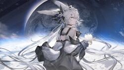  1girl absurdres animal_ears back_cutout blue_eyes character_request clothing_cutout commentary_request copyright_request dress fingerless_gloves flower from_behind from_side gloves grey_hair hair_ornament hairclip highres kp3963 long_hair looking_at_viewer planet solo space tail very_long_hair 