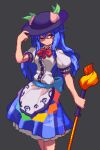 1girl bangs black_background black_headwear blue_hair blue_skirt bow bowtie closed_mouth collared_shirt food fruit hand_on_headwear hat hinanawi_tenshi holding holding_sword holding_weapon leaf long_hair one_eye_closed peach pixel_art potemki11 puffy_short_sleeves puffy_sleeves red_bow red_bowtie red_eyes shirt short_sleeves simple_background skirt solo standing sword sword_of_hisou touhou weapon